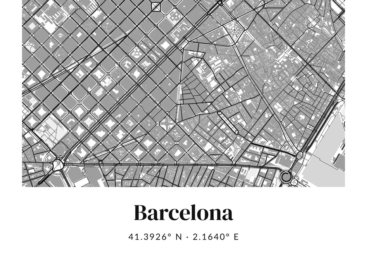 Krupni plan crno-bijele karte Barcelone s bijelim rubom, imenom i koordinatama