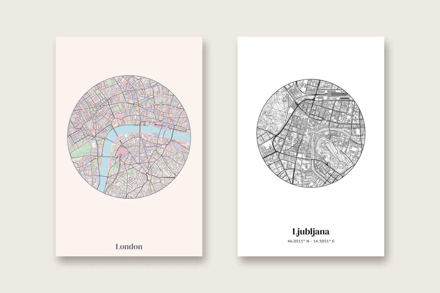 Dvije karte na foto papiru: London u pastelnim tonovima i Ljubljana u crno-bijelom stilu