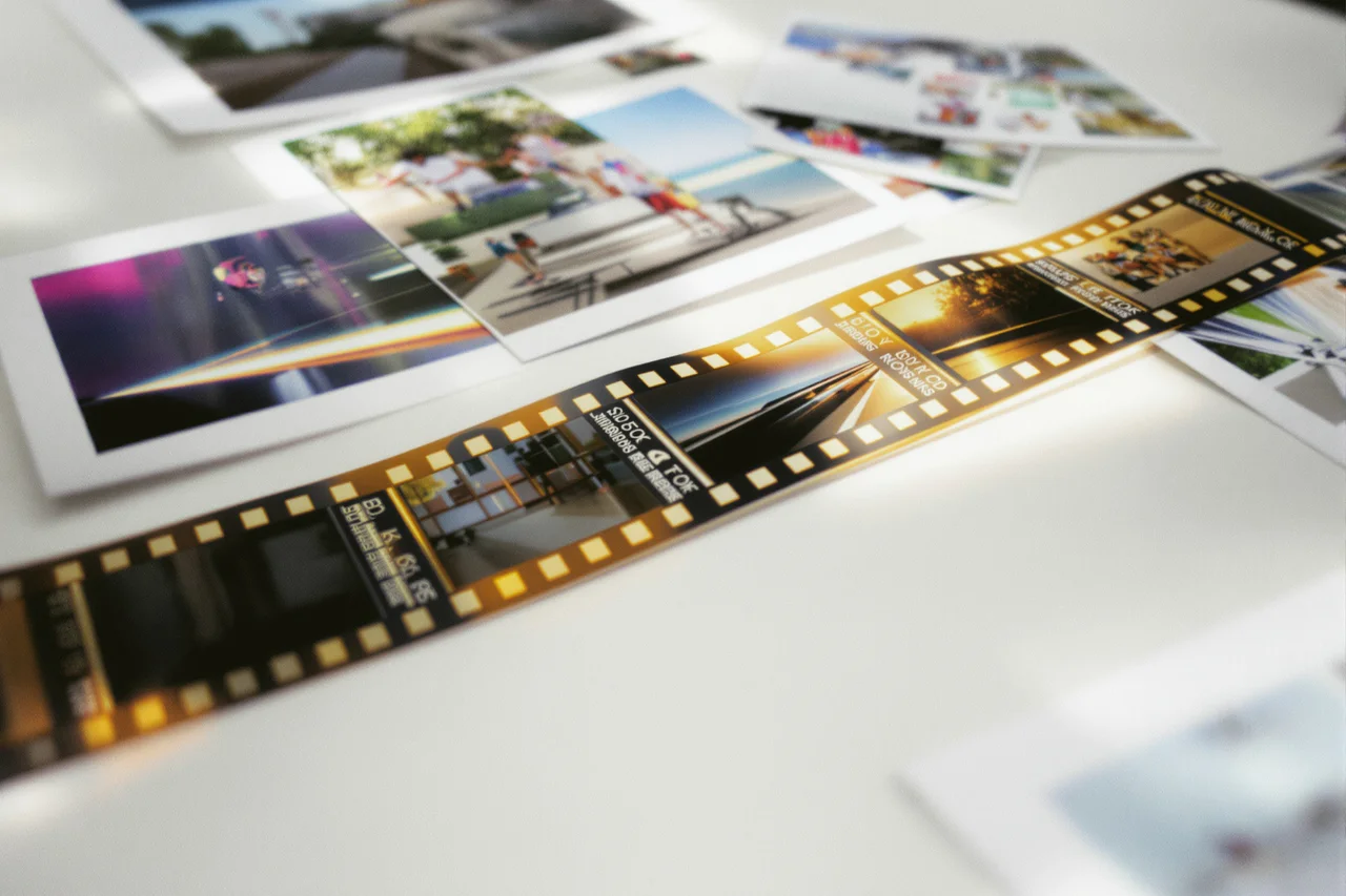 Filmska traka 35 mm pokraj gotovih fotografija