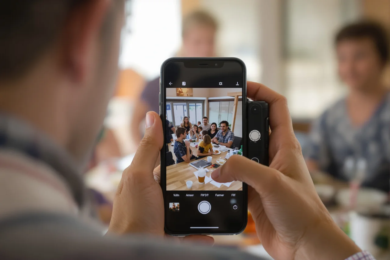 Mobitel s otvorenom kamerom iznad otisnutih fotografija