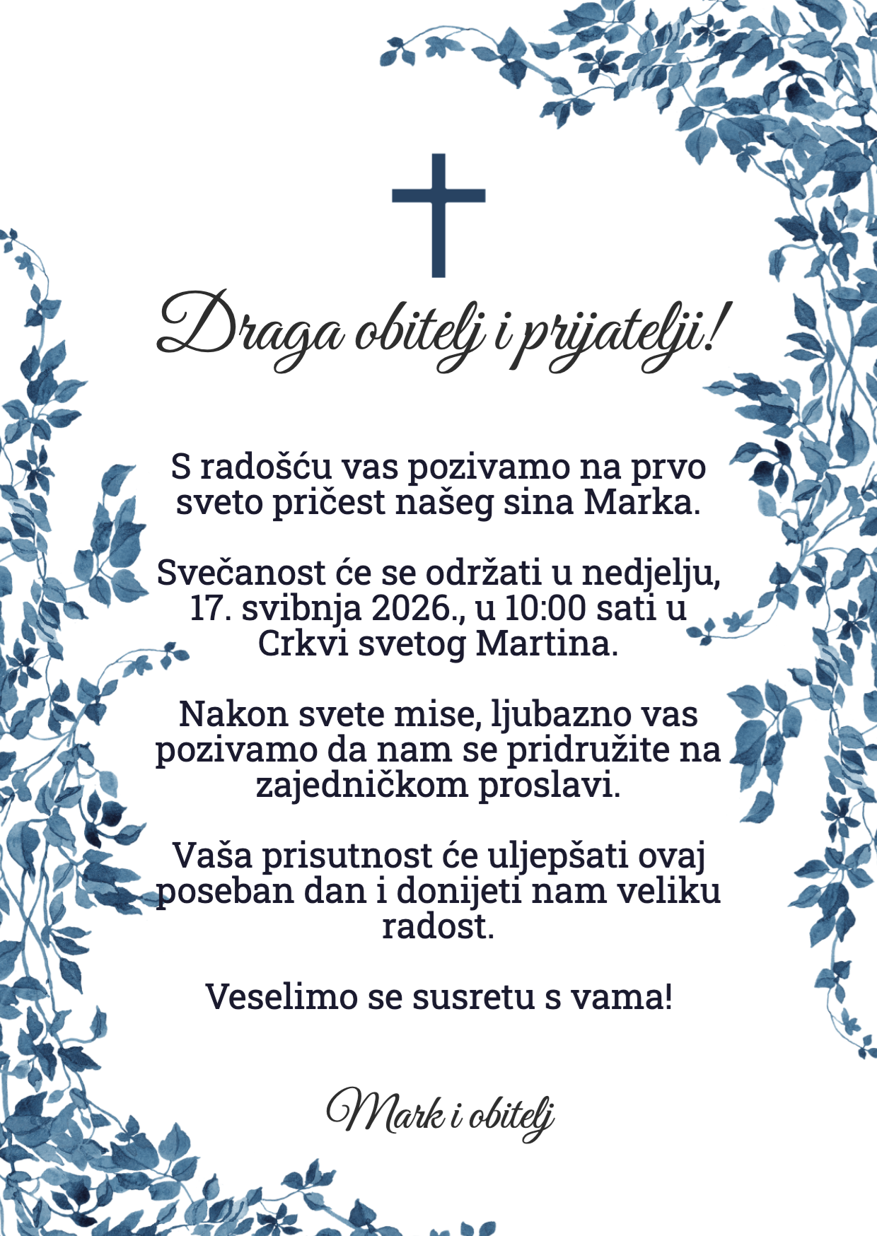 Plavi okvir s križem — hrbtna stran