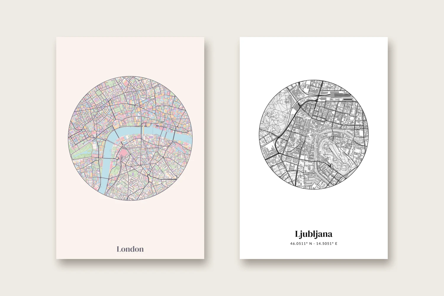 Dvije karte na foto papiru: London u pastelnim tonovima i Ljubljana u crno-bijelom stilu